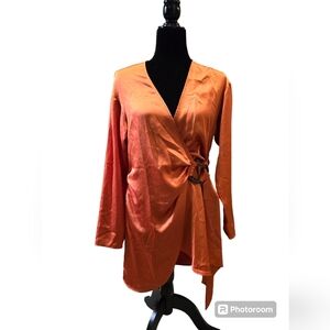 Boohoo Women’s Size 6 Orange Casual Wrap Dress Button & Buckle Closure Pre-Owned